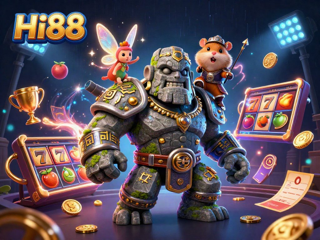 Hi88 showcases a magical scene with golems, fairies, and playful slot elements for gamblers.