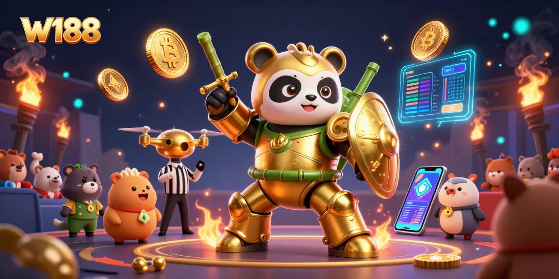 Experience exciting gameplay at W188 with a vibrant 3D illustration of casino action.