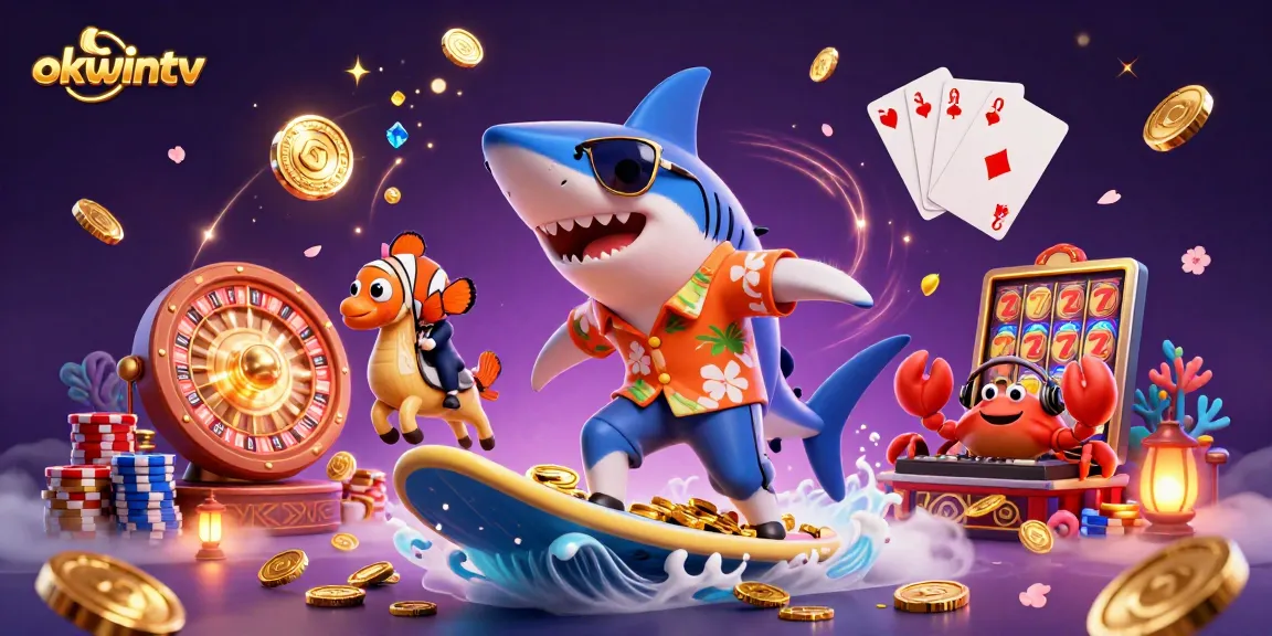 Experience thrilling action on okwintv with a shark surfing gold coins and vibrant gambling elements.