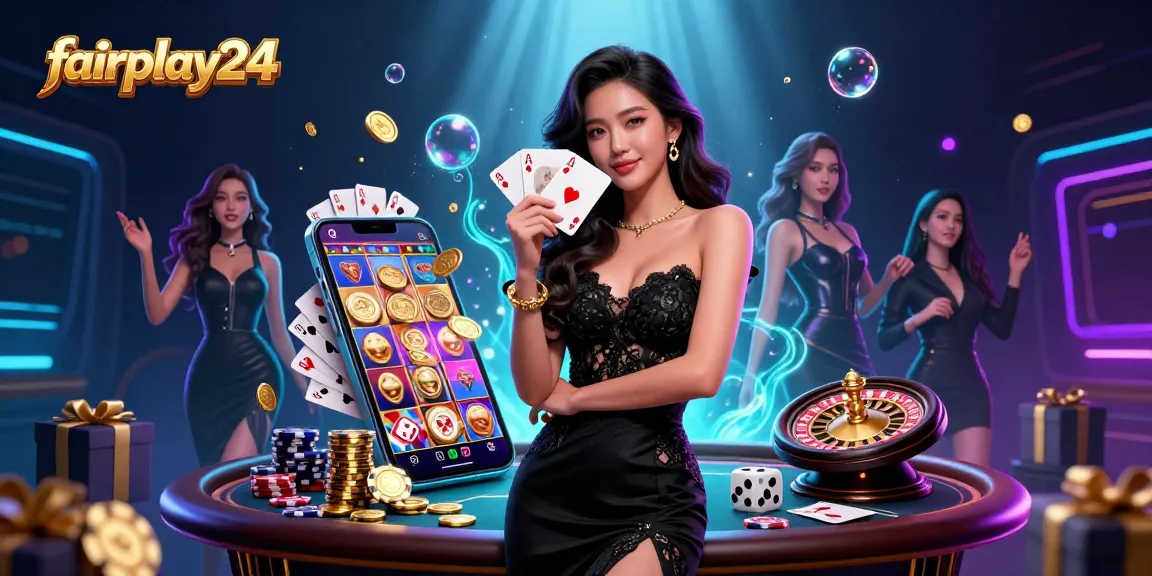 Enjoy thrilling gaming action at fairplay24 with a graceful dealer and colorful casino elements.