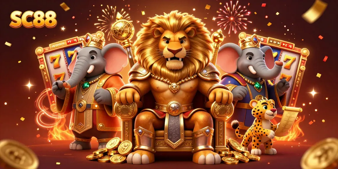 SC88 captivating slot jackpot scene with a lion king, elephant advisor, and cheetah messenger