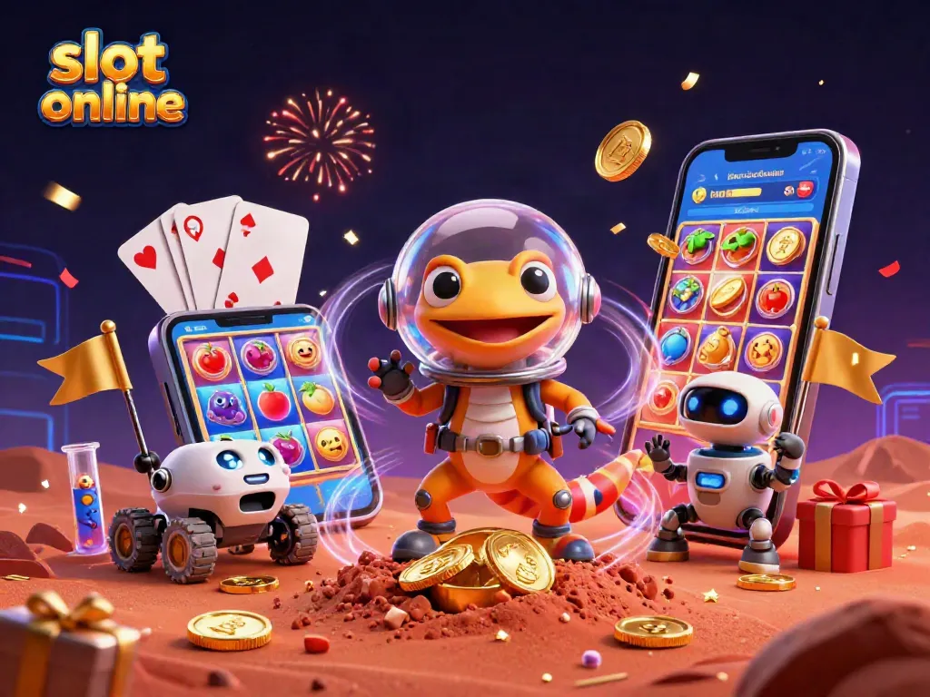 Experience slot online excitement with a Martian gecko exploring a golden casino.