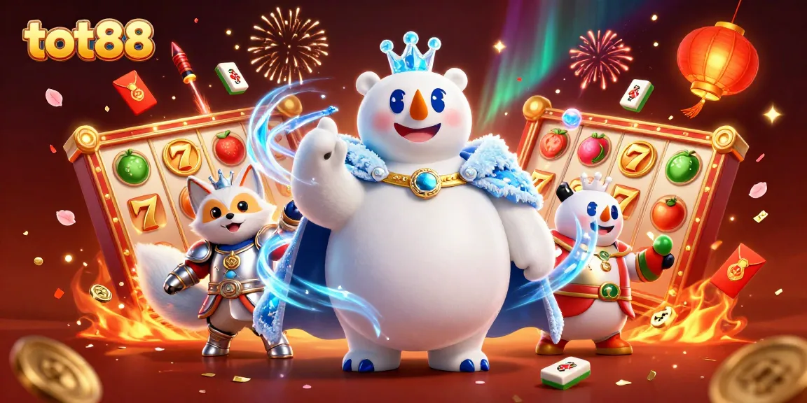 Experience gaming thrills with tot88—a vibrant scene featuring a polar bear king and slot reels.