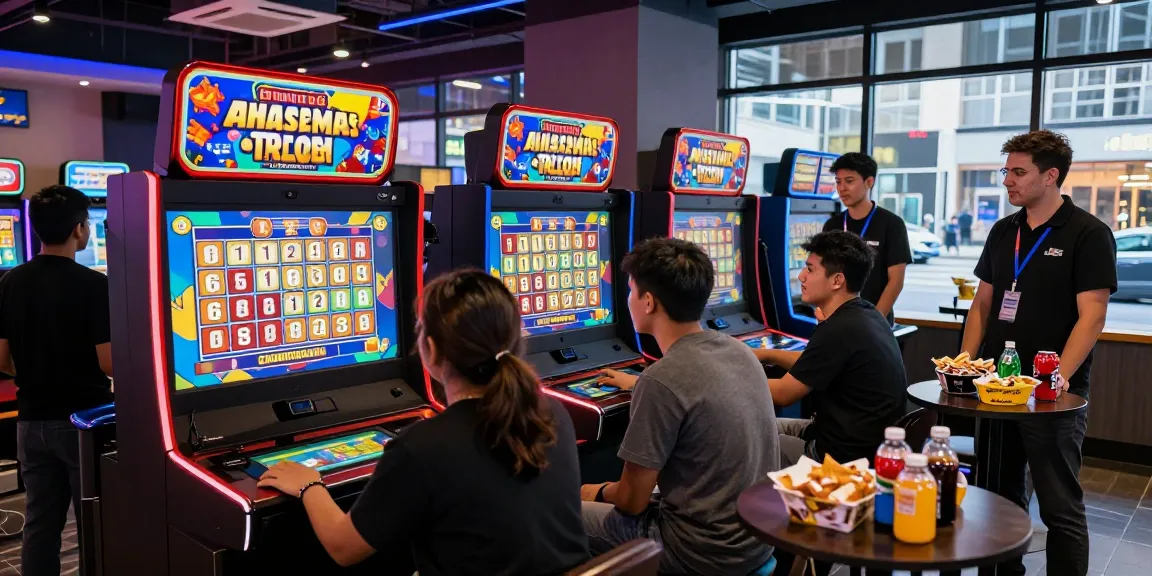 Engaging scene of players immersed in 4D lottery gaming at a modern lounge, showcasing excitement and vibrant atmosphere.