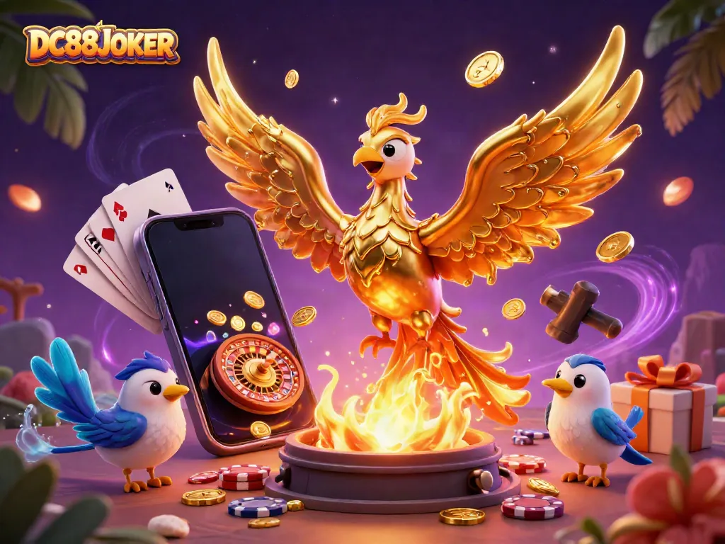 Discover the vibrant DC88JOKER scene featuring a golden phoenix and casino elements in action.