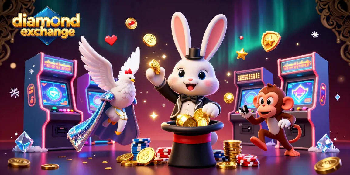 Engage with diamond exchange through vibrant gameplay, featuring a magician, dove and monkey amidst casino action.