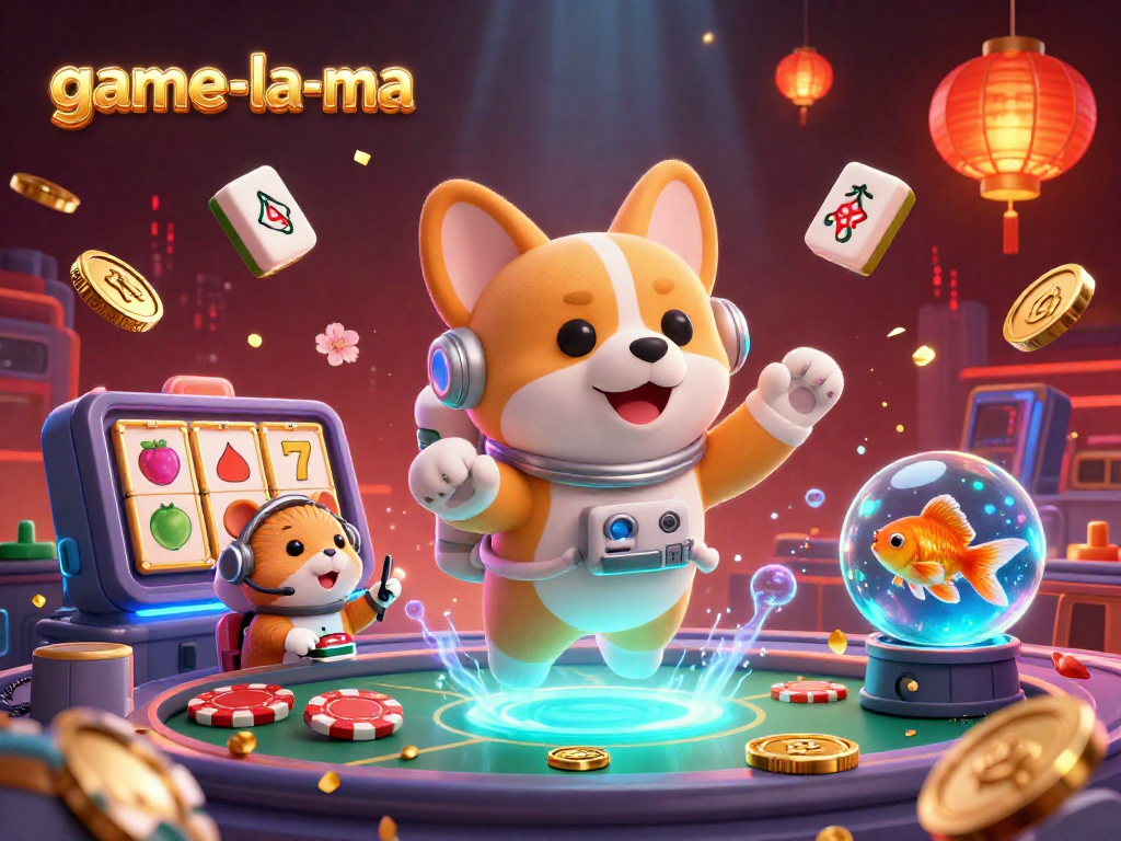 Experience the excitement of game-la-ma with a playful astronaut corgi amidst floating slot reels and colorful casino elements.