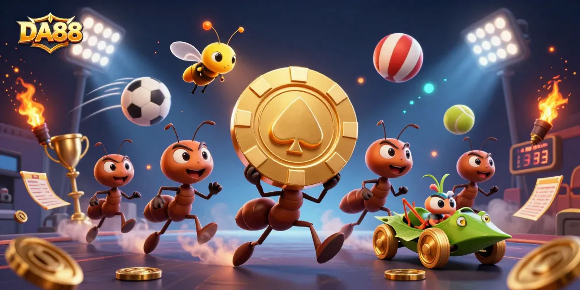 DA88 showcases a team of 3D ants in a thrilling casino heist adventure, stealing a giant poker chip.