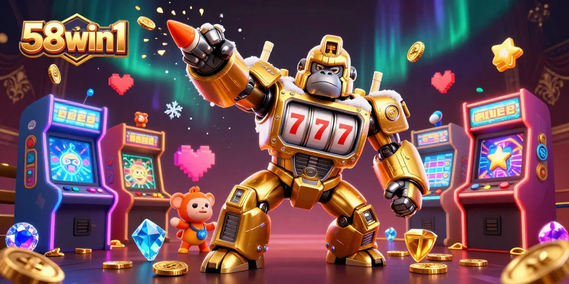 Experience thrilling gaming with 58win1, featuring epic golden gorilla mech amidst vibrant casino action.