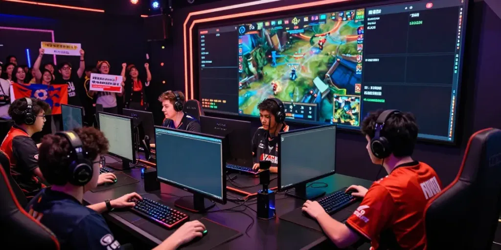 Esports gamers at the vibrant juraganbola tournament, immersed in competition.
