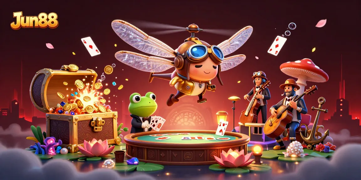 Experience thrilling gaming action with Jun88 in a vibrant casino scene featuring engaging characters!