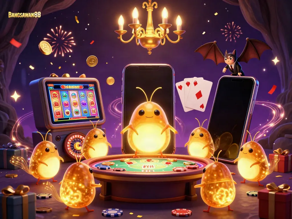BANGSAWAN88 captivates players with a vibrant casino scene featuring glowworms and a bat dealer.