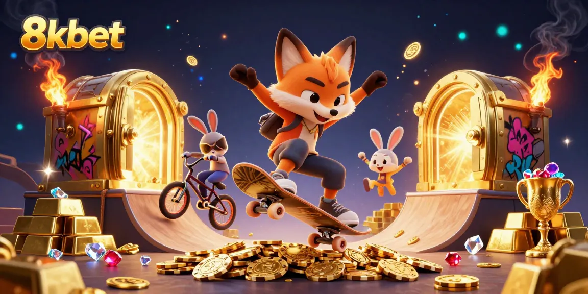 8xbet players enjoy vibrant casino action as a fox skateboards over poker chips and treasure glimmers