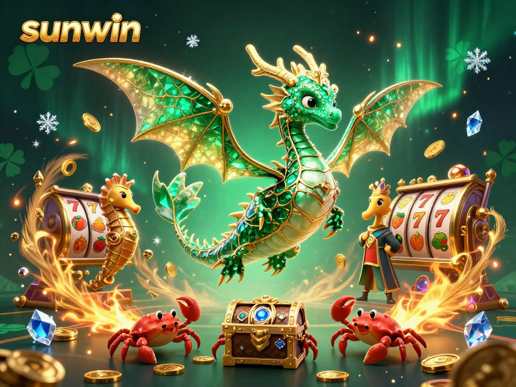 Experience thrilling slots with sunwin's emerald sea dragon amidst swirling golden coins.