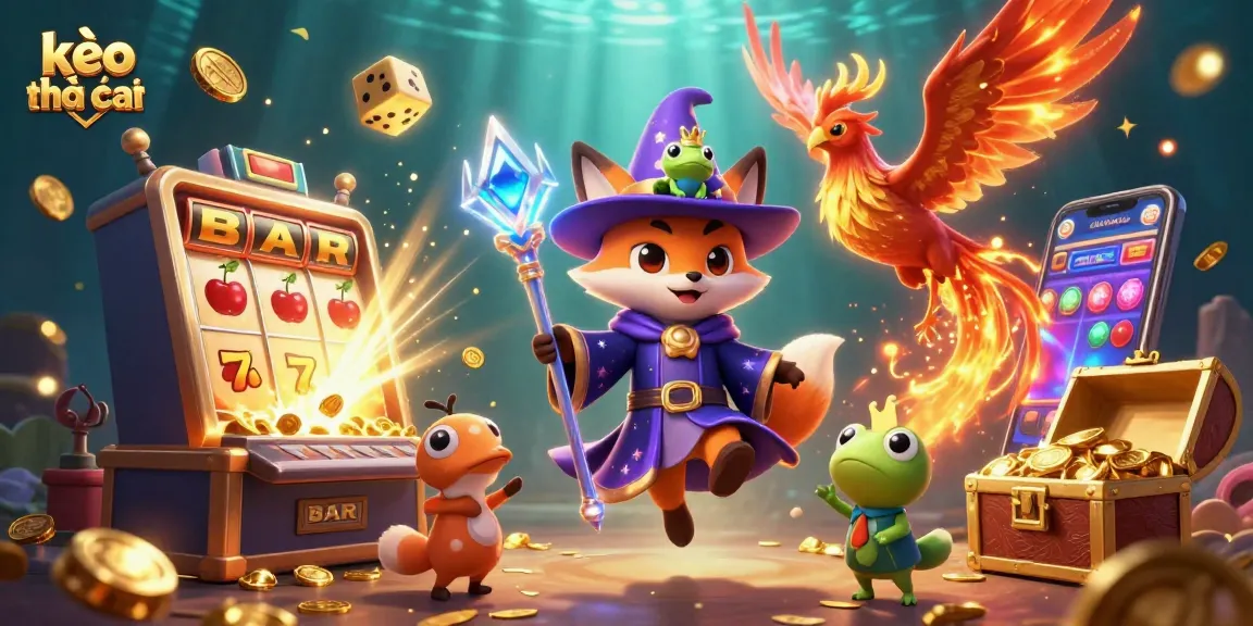 Engage with kèo nhà cái as a mystical wizard fox, phoenix, and enchanted frog illuminate a grand casino scene.
