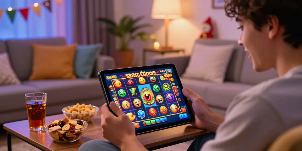 Exciting home gaming experience with QQHOLIC Slot Gacor & SlotQQ on a tablet, vibrant graphics, and engaging atmosphere.