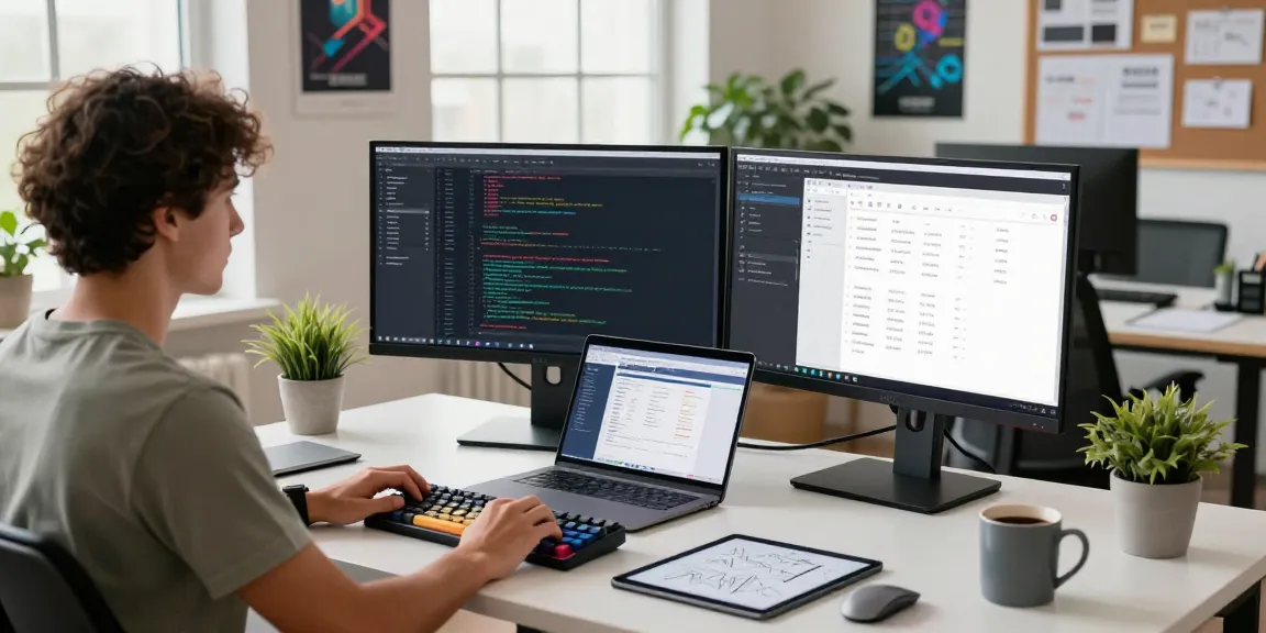 Programmer at modern workspace with BOSEMPIRE project displayed on dual monitors in bright, innovative atmosphere.