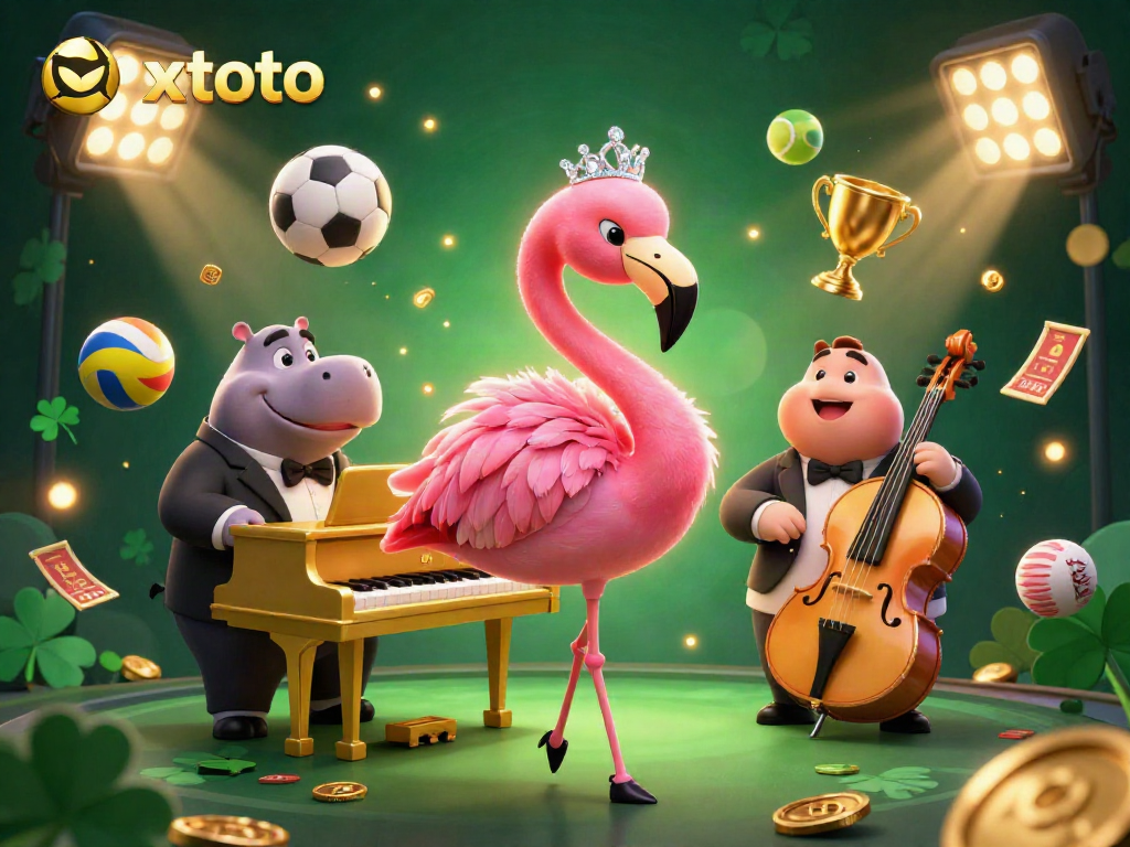 xxtoto menghidupkan suasana kasino dengan penyanyi flamingo berwarna cerah dan musisi hippo, dikelilingi benda-benda olahraga yang memikat.
