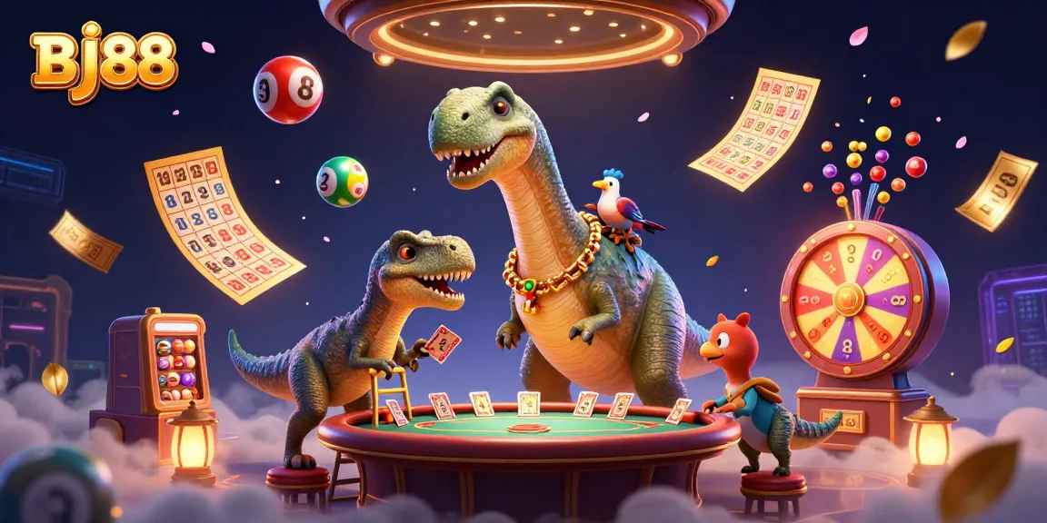 Engage with BJ88's thrilling casino atmosphere through a dynamic 3D illustration filled with gaming elements.