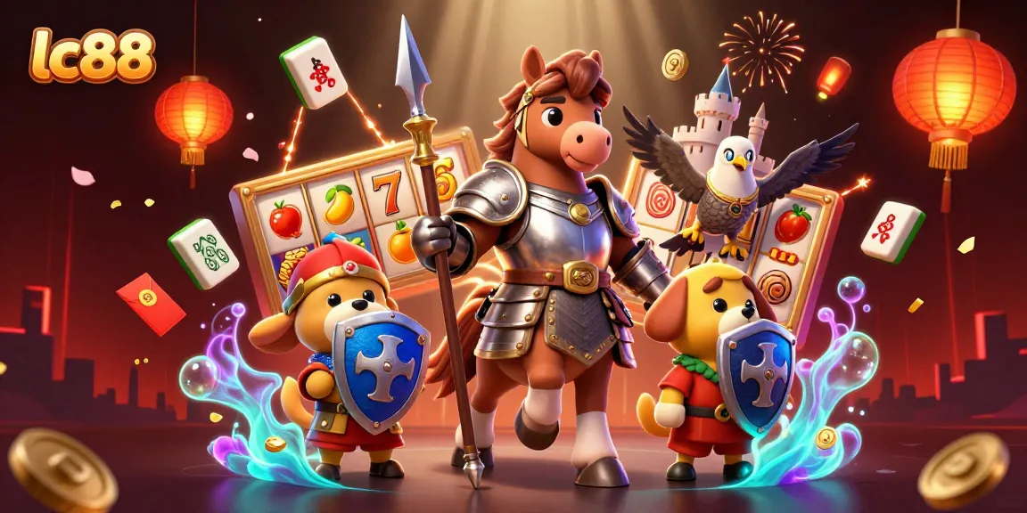 Engage with lc88 in a vibrant 3D casino scene filled with slot reels, lucky symbols, and rich details.