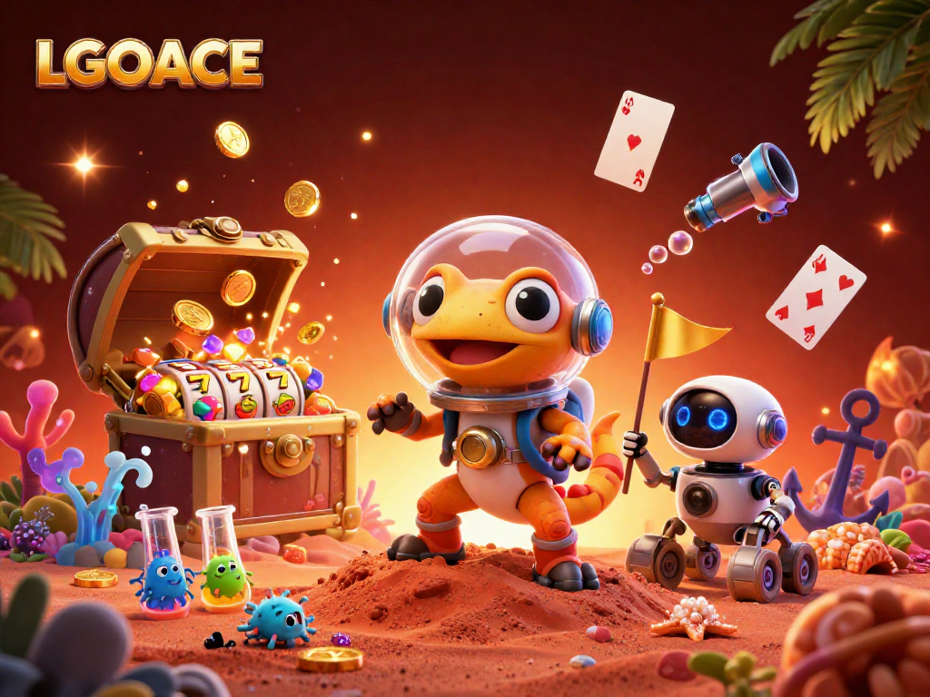 Experience the cosmic thrills of LGOACE's golden casino under Mars, featuring vibrant game elements and characters.