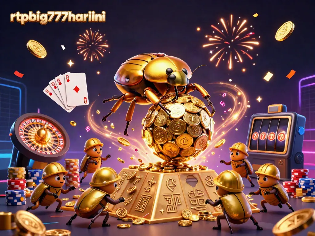 Engaging scene of the rtpbig777hariini mascot with golden dung beetles in a casino-themed illustration.