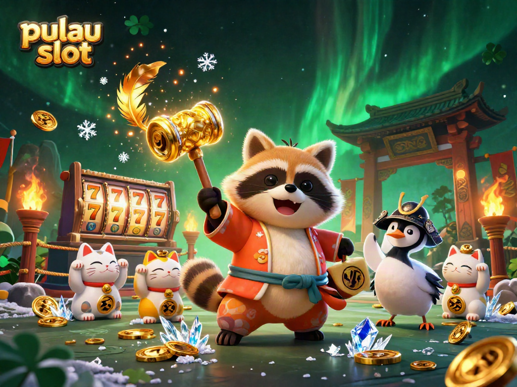 Experience pulau slot action with vibrant tanuki, lucky cats, and slot reels in a festive scene.