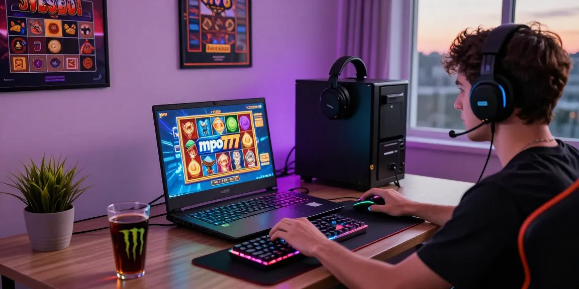 Player enjoying mpo777 online slot games in a vibrant gaming setup with modern accessories.