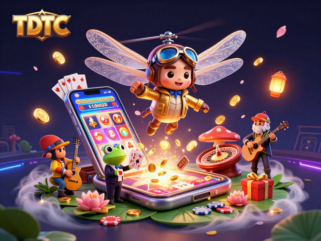 Experience thrilling gameplay at TDTC with a dragonfly pilot and a frog croupier in this vibrant casino scene.