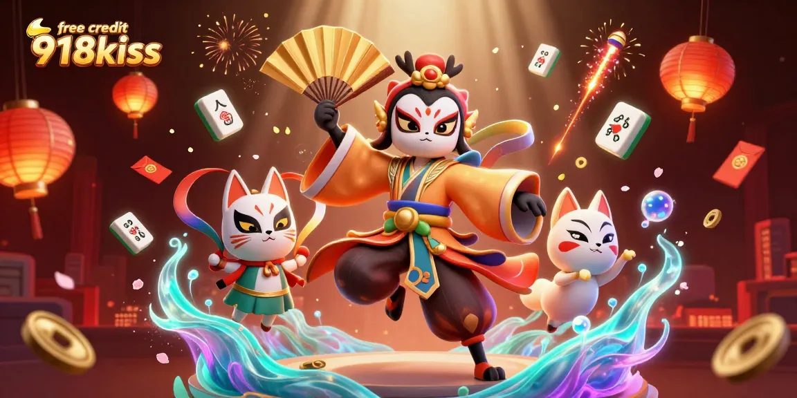 Experience the excitement of free credit 918kiss with this vibrant 3D casino illustration featuring kabuki warriors and festive elements.