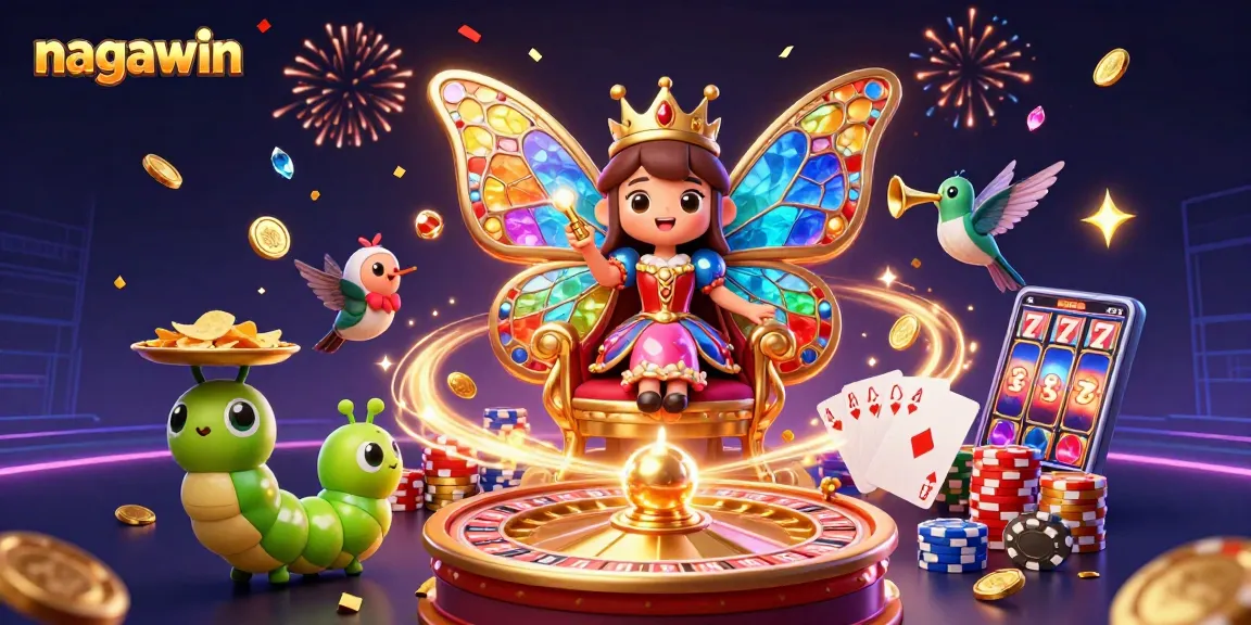 Win big with nagawin in this vibrant 3D casino scene filled with colorful chips and festive elements.