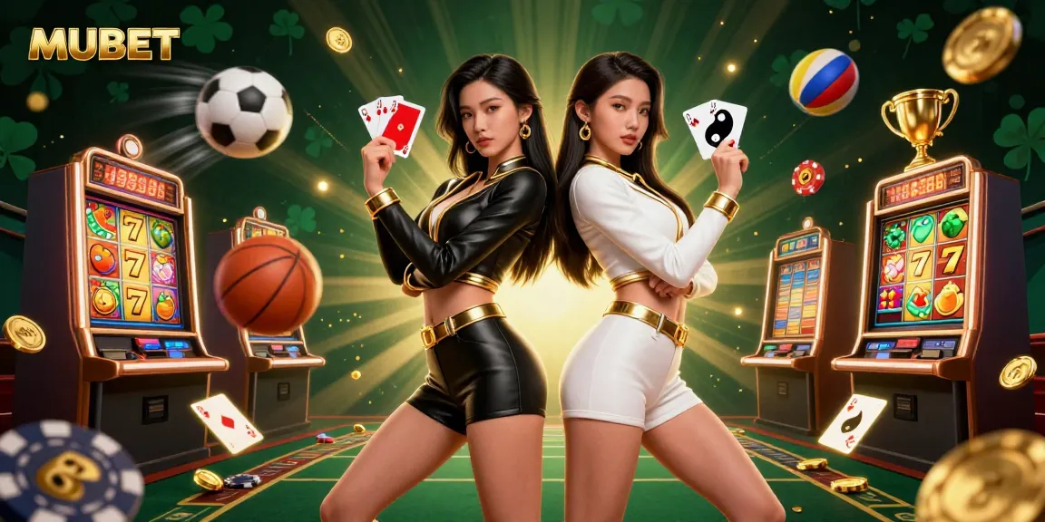 Engage with MUBET and experience thrilling gameplay alongside striking twin Asian women in a majestic casino scene.