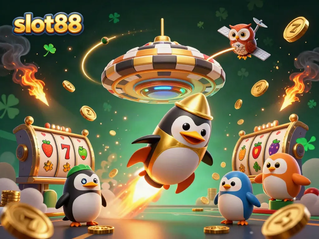 Engage with slot88 through a vibrant 3D casino illustration featuring a golden penguin amidst exciting game elements.