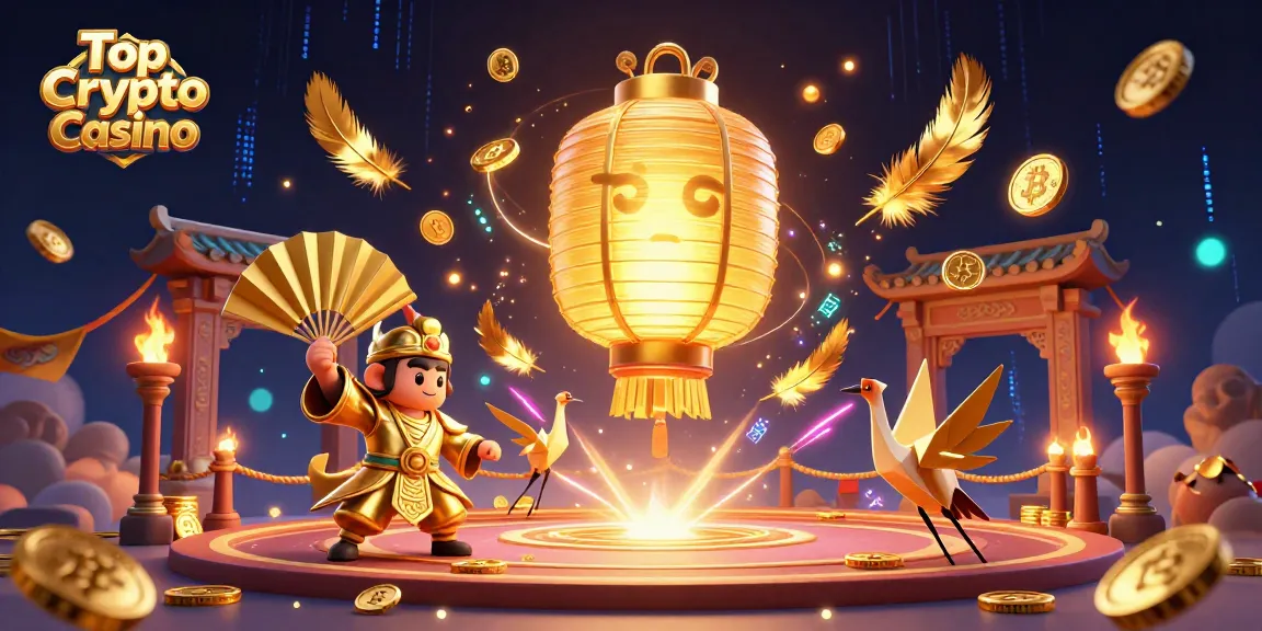 Engage in the Top Crypto Casino experience with dynamic scenes of golden lantern spirits and cryptocurrency symbols.