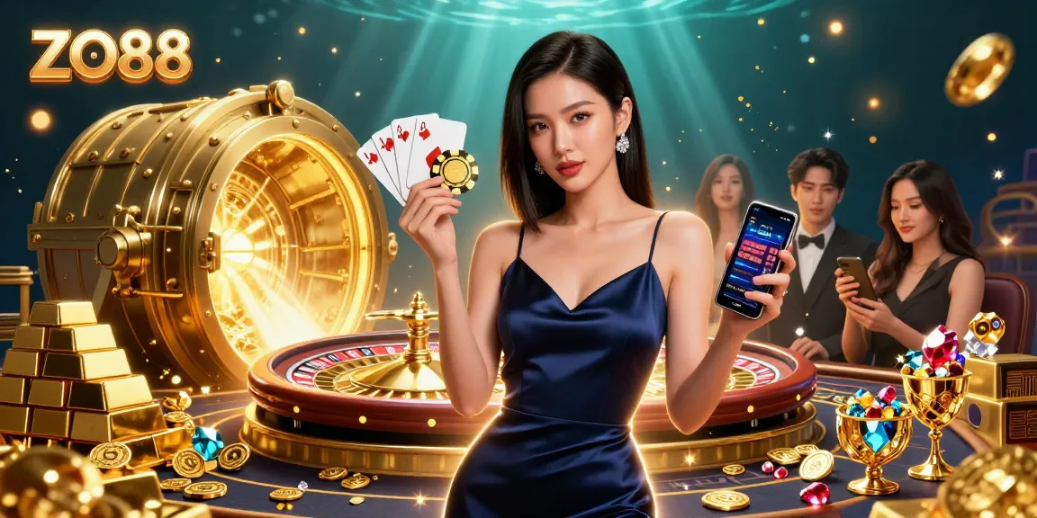 Experience the allure of ZO88 with a stunning Asian woman showcasing a casino app, surrounded by riches.