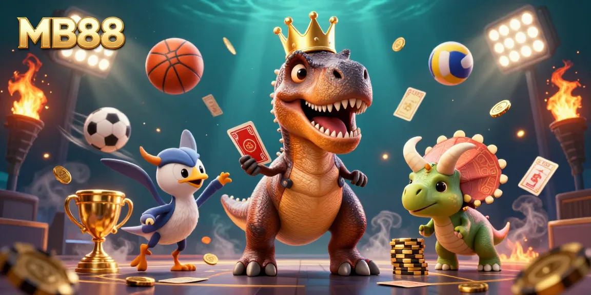 Decorative illustration of MB88 featuring a T-Rex, a pterodactyl, and a baby triceratops engaging in vibrant card games and betting