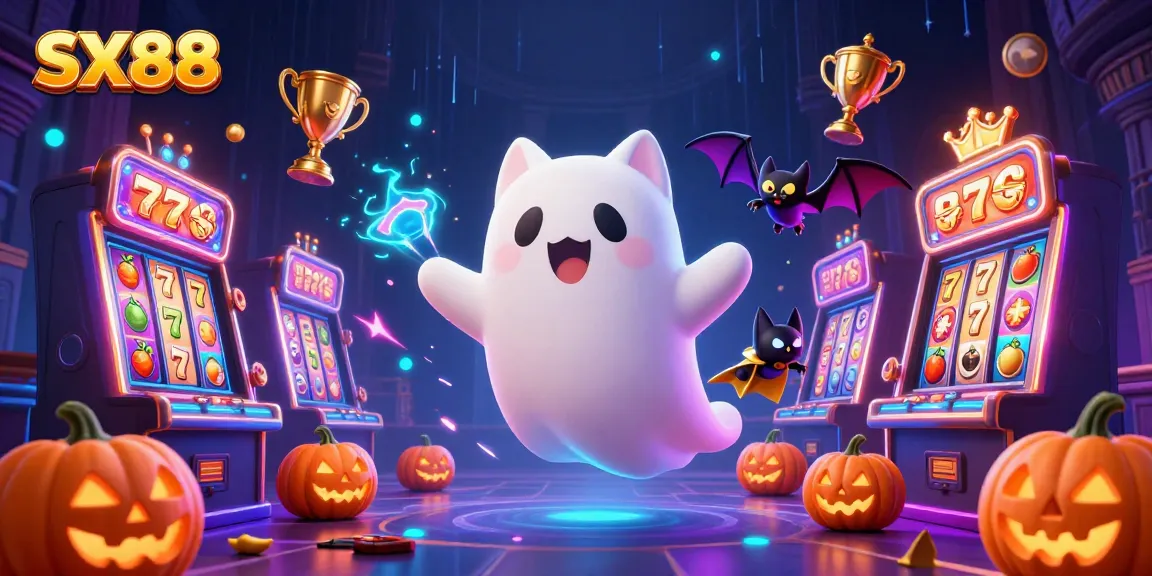 SX88 showcases a friendly ghost cat and bat in a vibrant haunted casino environment with animated slot machines.