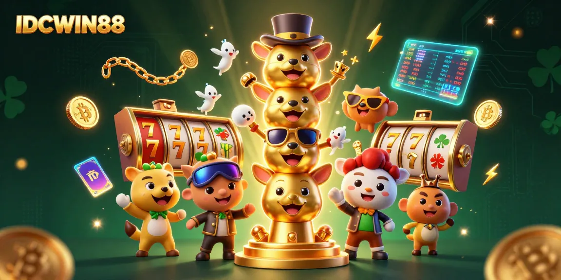 Experience thrilling gaming moments with IDCWIN88's vibrant 3D illustration featuring slots and cryptocurrency.