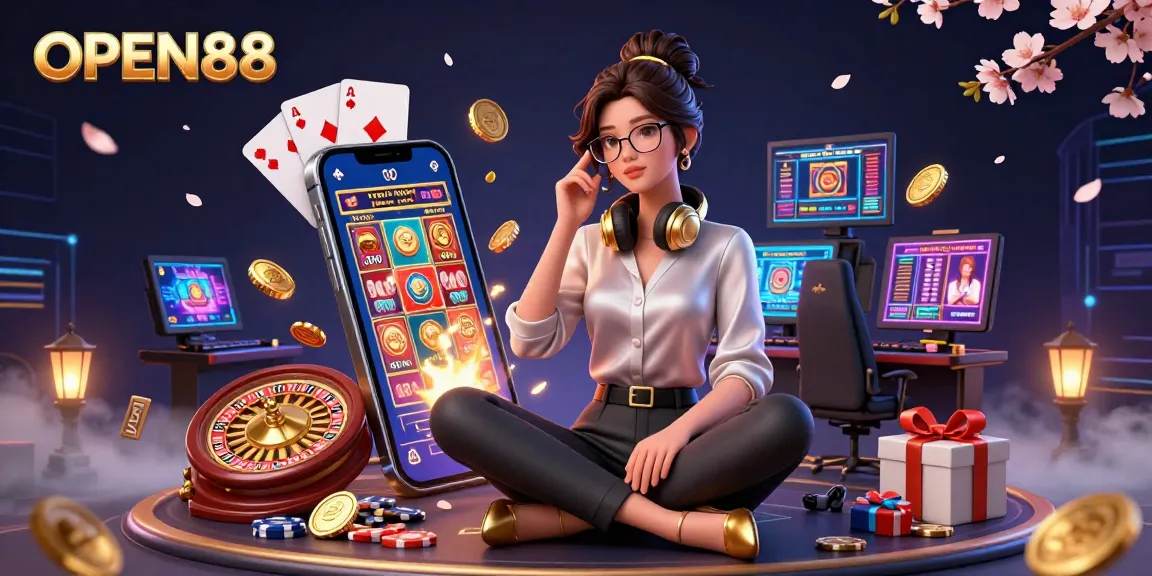 Engage with OPEN88 in an exciting gaming atmosphere filled with vibrant casino elements and a stylish gamer.