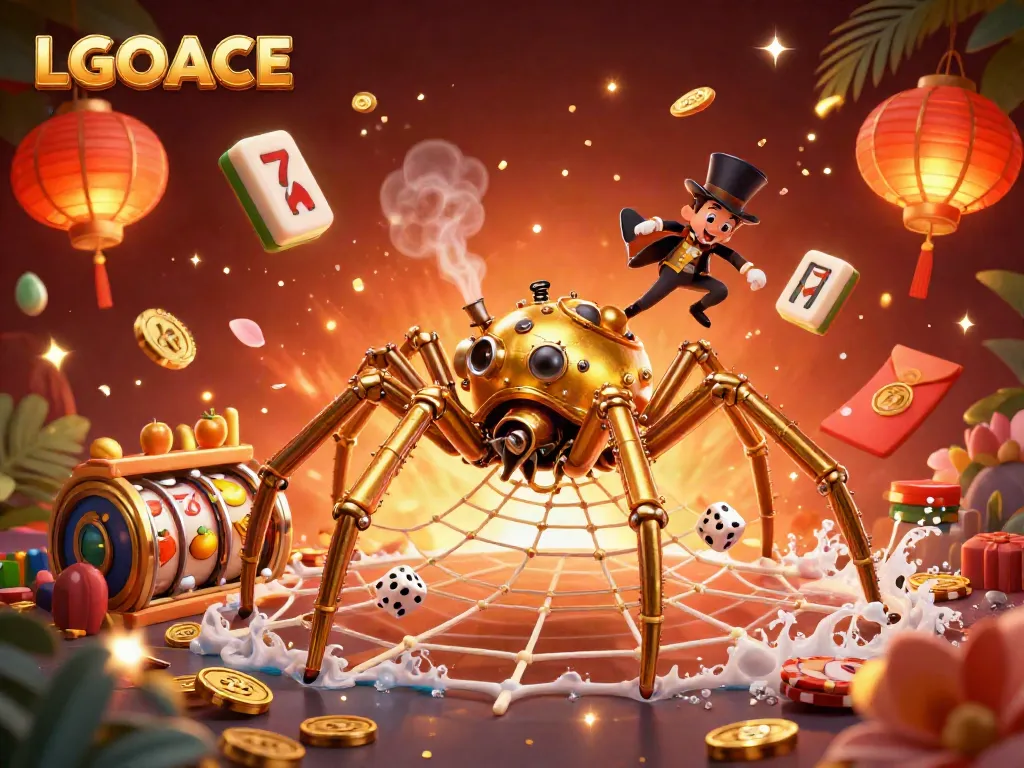Engage with LGOACE's vibrant steampunk-themed spider illustration symbolizing online gaming excitement.