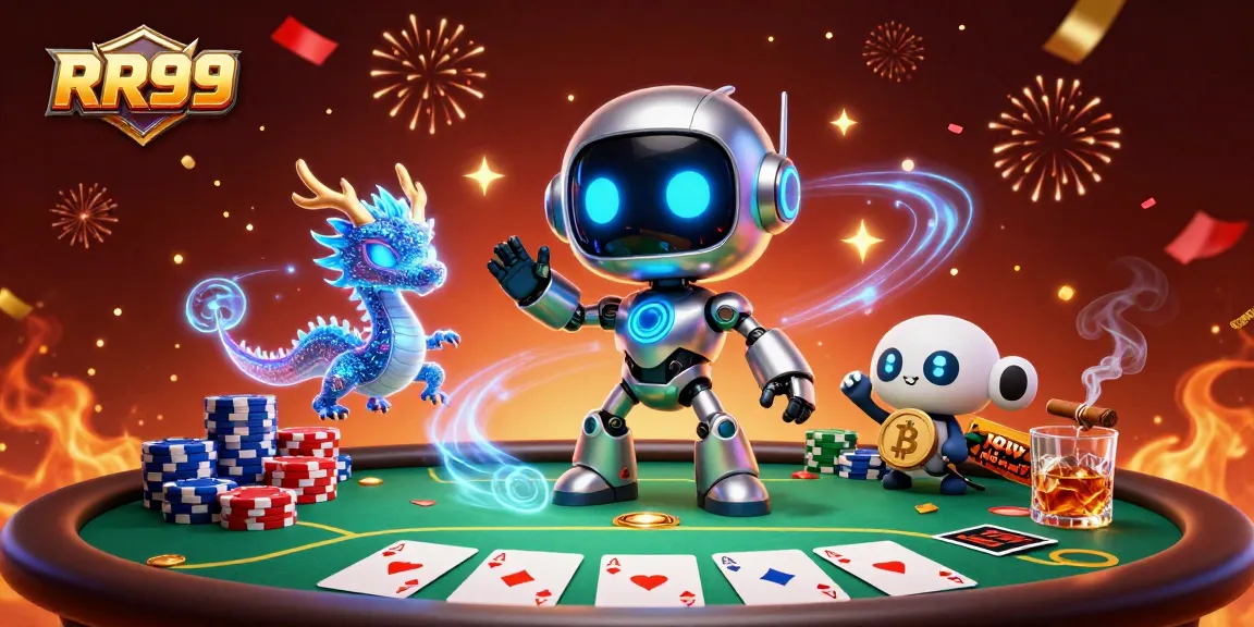 Experience the excitement of RR99 with a vibrant 3D casino scene featuring poker elements.