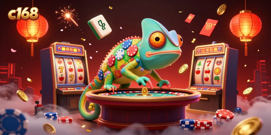 C168 casino owner chameleon animatedly attracts players with vibrant slot machine elements amidst a celebratory backdrop.