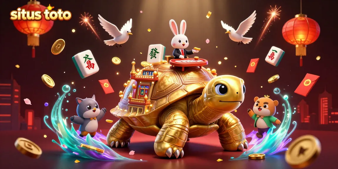 Engage with situs toto in this vibrant, dynamic casino scene featuring a golden tortoise and rabbit dealer.