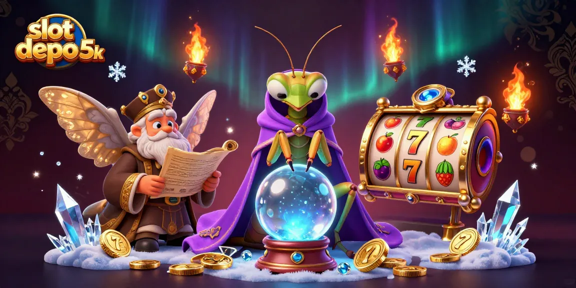 Experience the magic of slot depo 5k with vibrant slot reels and engaging characters in a mystical casino setting.
