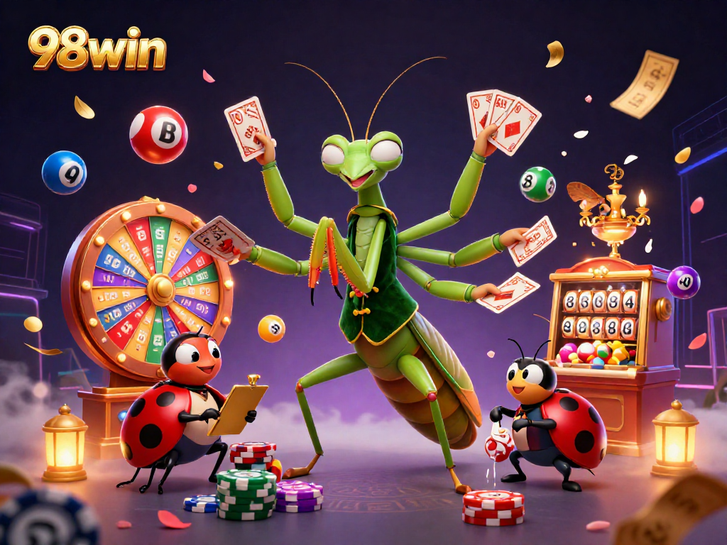 Experience the excitement of 98win with vibrant lottery elements and a playful casino scene.