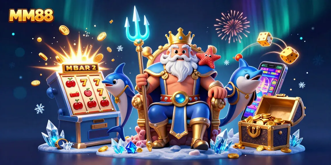 Engage in winning strategies at MM88 with a vibrant casino scene featuring Neptune and dynamic jackpots.