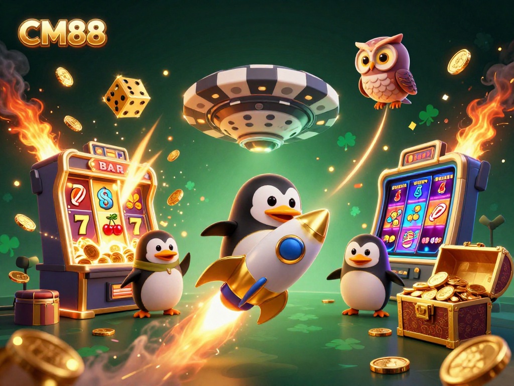 Experience CM88's excitement with a golden penguin soaring to a jackpot explosion in a vibrant casino