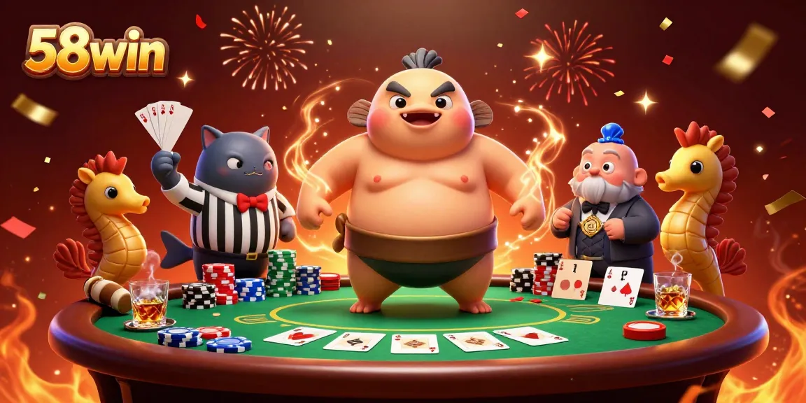Engage with 58win's vibrant illustration showcasing dynamic casino action featuring unique characters and poker elements.
