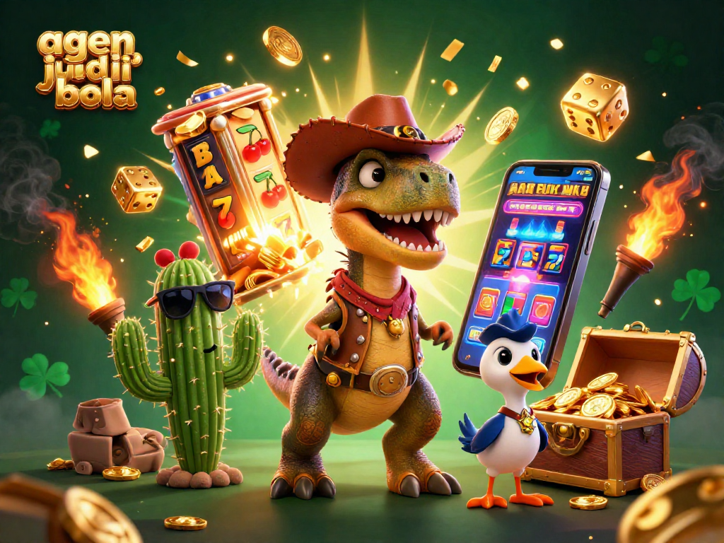 Engage with agen judi bola in a vibrant 3D illustration showcasing action-packed casino themes.