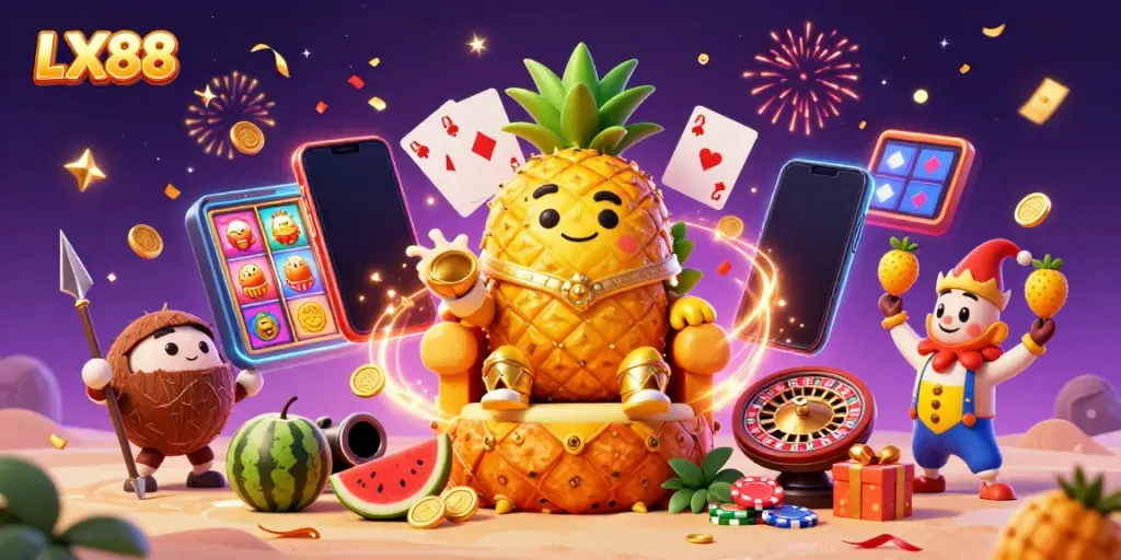 Experience the vibrant world of LX88 with a golden pineapple king and a lively casino beach scene.